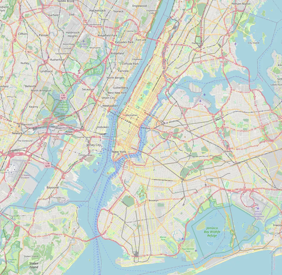 Carte OpenStreetMap de New York : Manhattan, Brooklyn, Queens, le Bronx et Staten Island